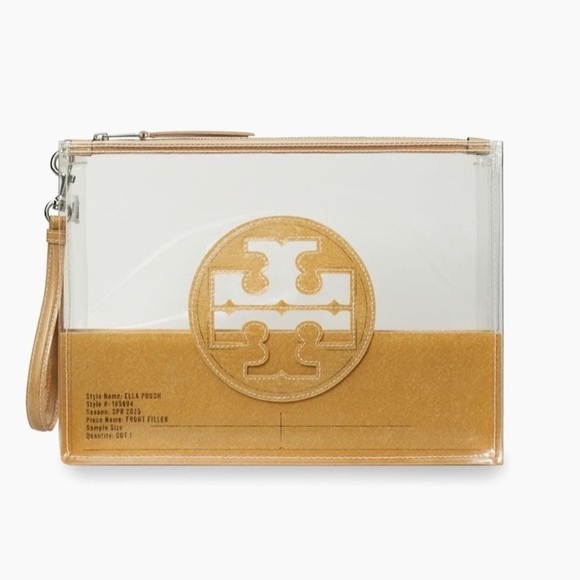 Tory Burch Ella Clear Wristlet Pouch Bag Clear and Tan Wristlet